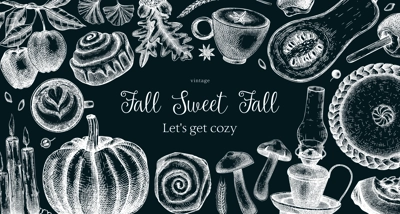 Autumn frame design template. Hand-drawn vector illustration on chalkboard. Pumpkin, hot drink, fruit, pie, pastry, fall leaves sketches. Thanksgiving background, banner, border